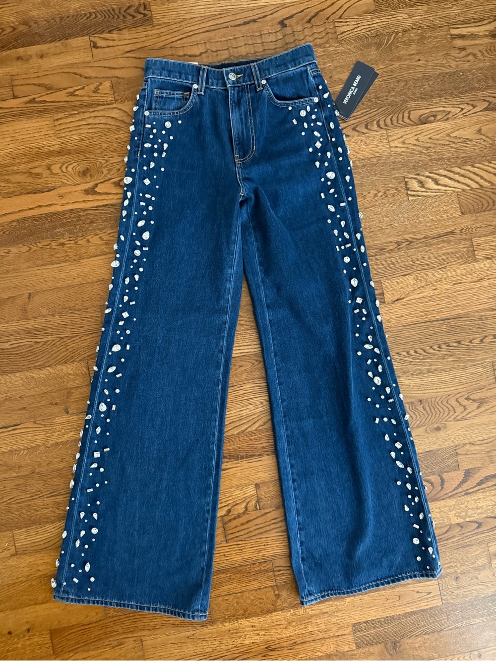 Veronica Beard Dark Blue Wide-Leg Jeans with Silver Embellishments